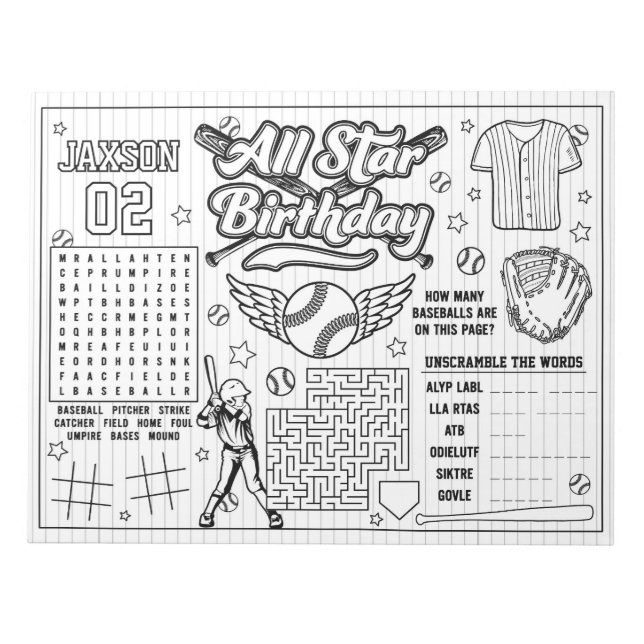 All Star Baseball Birthday Colouring Activity Notepad (Front)