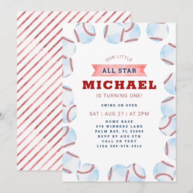 All-Star Baseball Birthday Party Invitation  (Front/Back)
