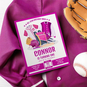 All Star Baseball Pink Budget Birthday Invitation
