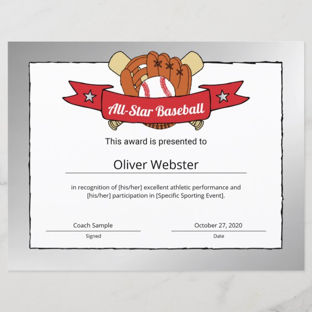 All-Star Baseball Player Award BaseballCertificate (Front)