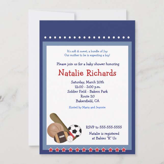 All Star Baseball Soccer Sports Baby Shower 5x7 Invitation (Front)
