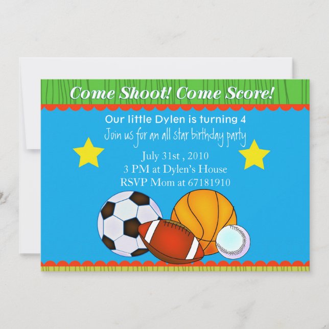 All Star basic kids Sports Birthday Party invite (Front)