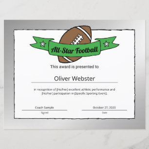 All-Star Football Player Award FootballCertificate