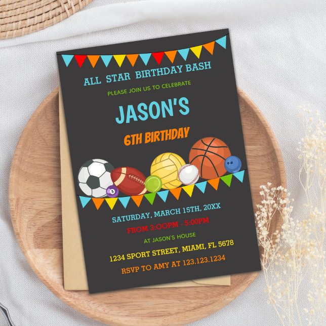 All-Star Game Day Party Card for Kids (Colors Flags Sports Birthday Invitations)