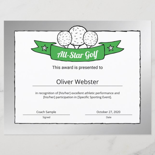 All-Star Golf Player Award Golf Certificate (Front)