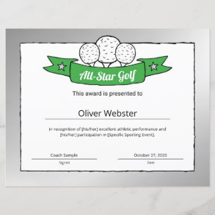 All-Star Golf Player Award Golf Certificate