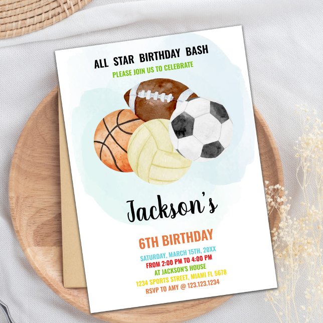 All-Star Multi-Sport Party Theme for Kids Invitation (Sports Invitations)