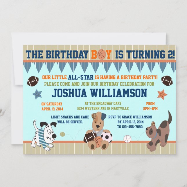 All-Star Puppies Boy Birthday Party Invitation (Front)