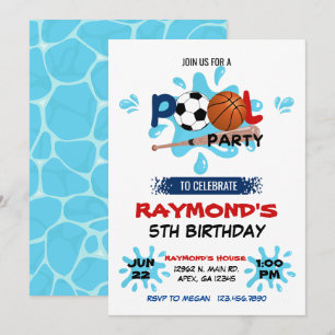All Star Sport Pool Party Birthday  Invitation