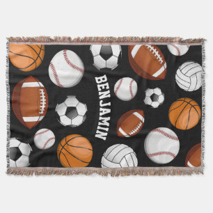All-Star Sports Assortment Personalised Name Black Throw Blanket