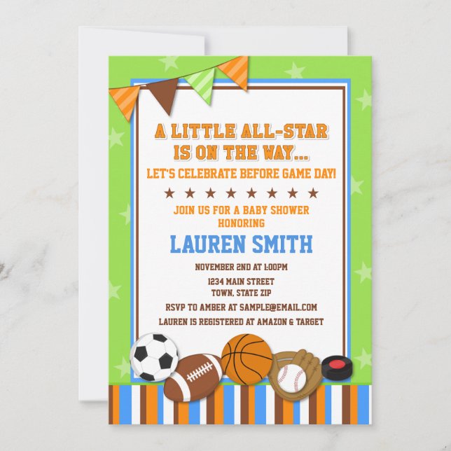 All-Star Sports Baby Shower Invitation Card (Front)