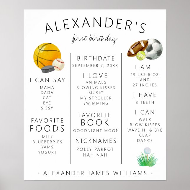 All Star Sports First Birthday Milestone Poster (Front)
