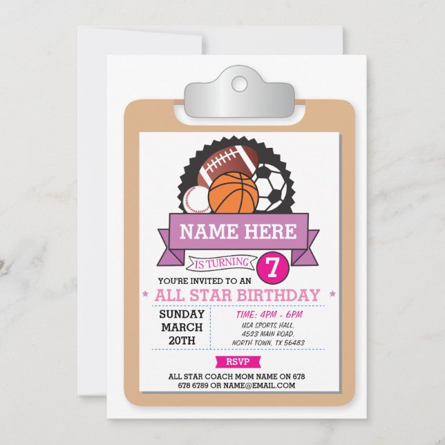 All Star Sports Party Pink Girls Birthday Invite (Front)