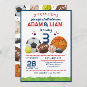 All Star Sports Twin Birthday  Party Invitation