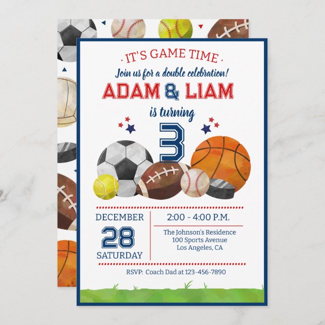 All Star Sports Twin Birthday  Party Invitation (Front/Back)