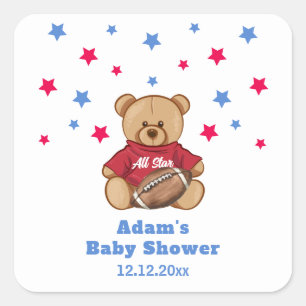 All Star Teddy Bear Football Sport Baby Shower Square Sticker