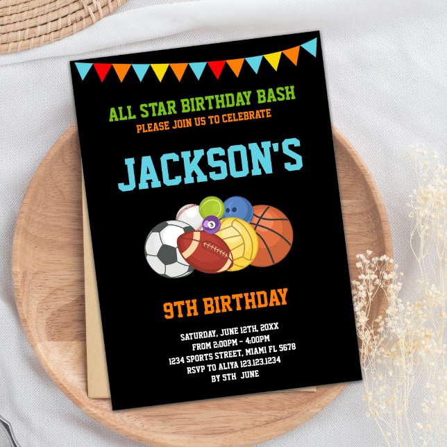 All Stars Black Sports Party Birthday Invitations (All Stars Black Sports Party Birthday Invitations)