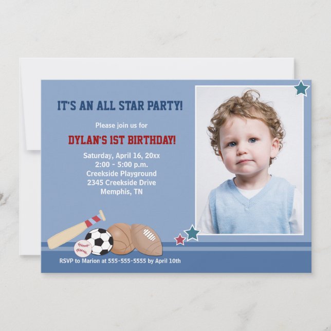 All Stars Sports *PHOTO* Birthday 5x7 Invitation (Front)