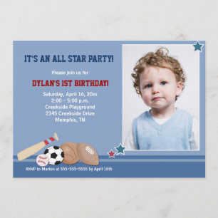All Stars Sports *PHOTO* Birthday 5x7 Invitation