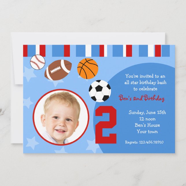 All Stars Sports Photo Birthday Invitations (Front)