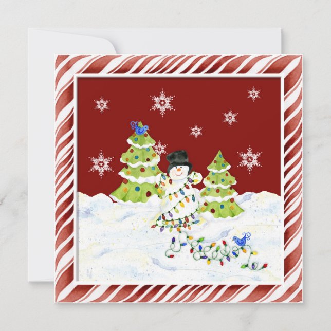 All tangled up, Snowman with Christmas Tree Lights Holiday Card (Front)