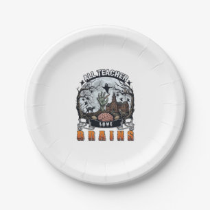 All Teacher Love Brains Halloween Zombie Hand Haun Paper Plate