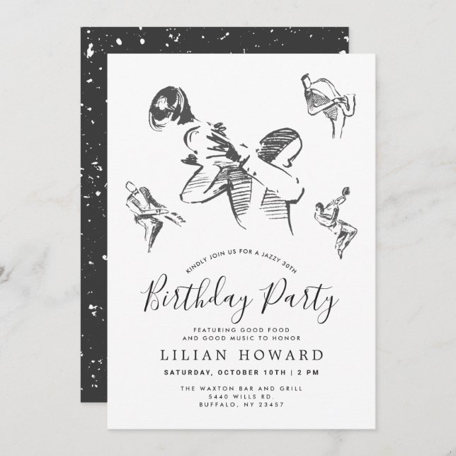 All That Jazz-Themed Birthday Party B/W Invitation (Front/Back)