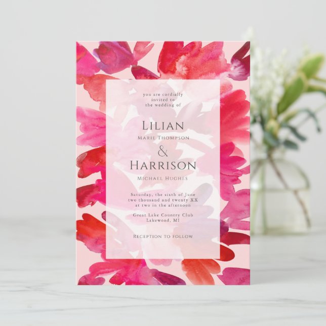 All the Love Watercolor Pink Red Wedding Invitation (Standing Front)