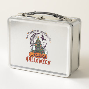 All Want Christmas Halloween Tree Pumpkins Ghosts_ Metal Lunch Box