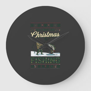 All Want Christmas Is Fishing Fisherman Fish Snowf Large Clock