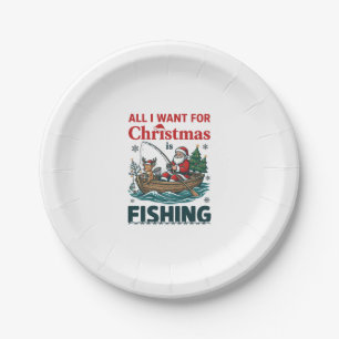 All Want Christmas Is Fishing Santa Reindeer Boat Paper Plate