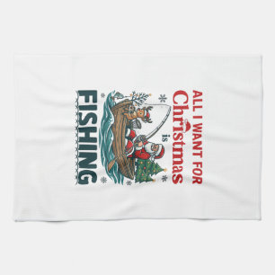 All Want Christmas Is Fishing Santa Reindeer Boat Tea Towel