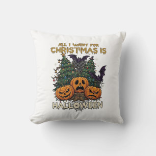 All Want Christmas Is Halloween Pumpkins Trees Bat Cushion