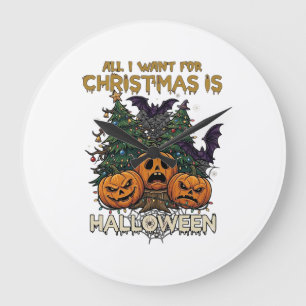 All Want Christmas Is Halloween Pumpkins Trees Bat Large Clock