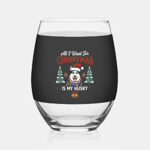 All Want Christmas Is Husky Dog Santa Hat Stemless Wine Glass
