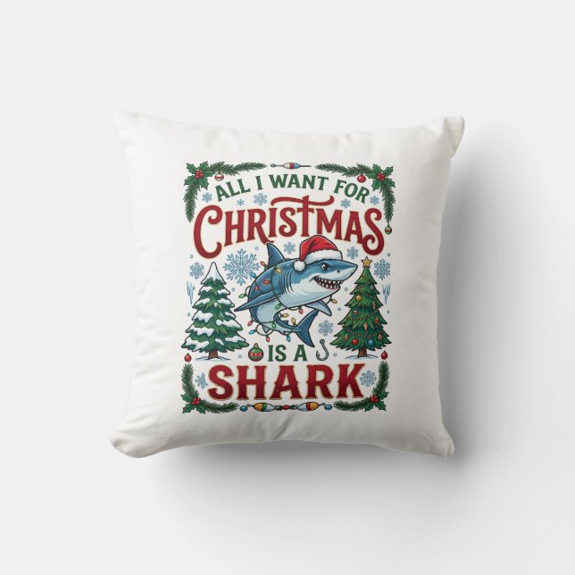 All Want Christmas Shark Pine Trees Cushion (Front)