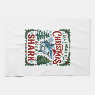 All Want Christmas Shark Pine Trees Tea Towel