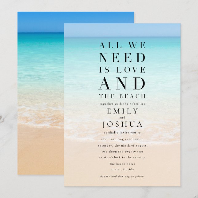 All We Need is Love and the Beach Wedding Invitation (Front/Back)