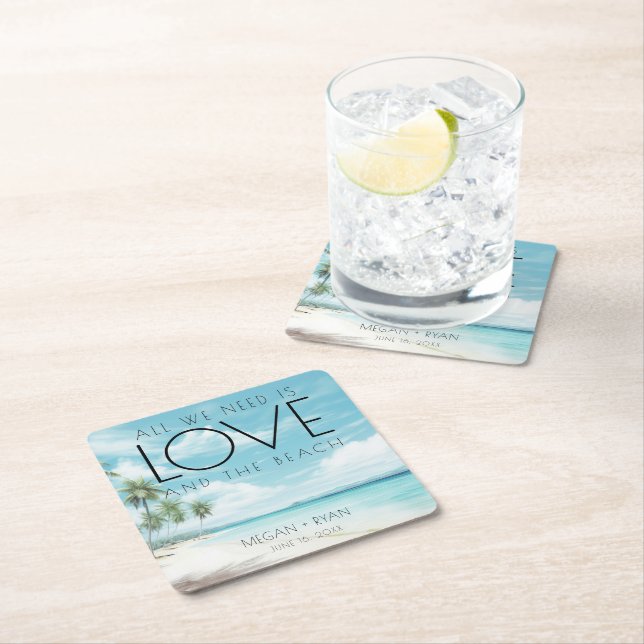 All We Need is Love Beach Wedding  Square Paper Coaster (Insitu)