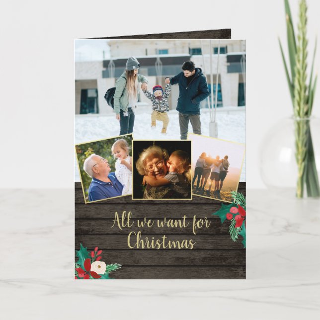 All we want for Christmas Barn Wood with Photo Holiday Card (Front)