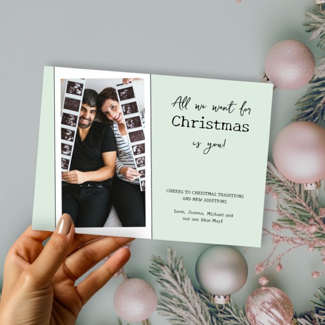 All we Want for Christmas is you Pregnancy Photo Holiday Card (All we want for Christmas is you - Christmas Card Pregnancy Announcement by Darling & May)
