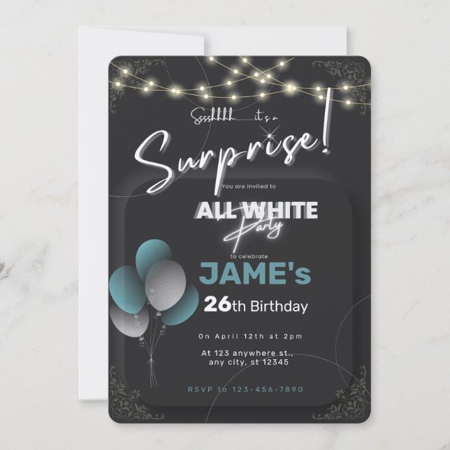 All white affair surprise birthday invitation (Front)