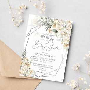 All white baby shower silver frame floral invitation