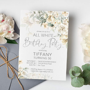All white birthday party silver white floral invitation