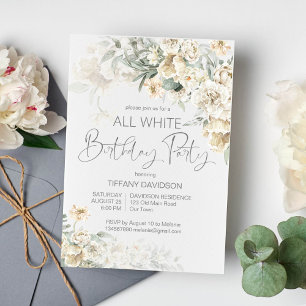 All white birthday party silver white floral invitation