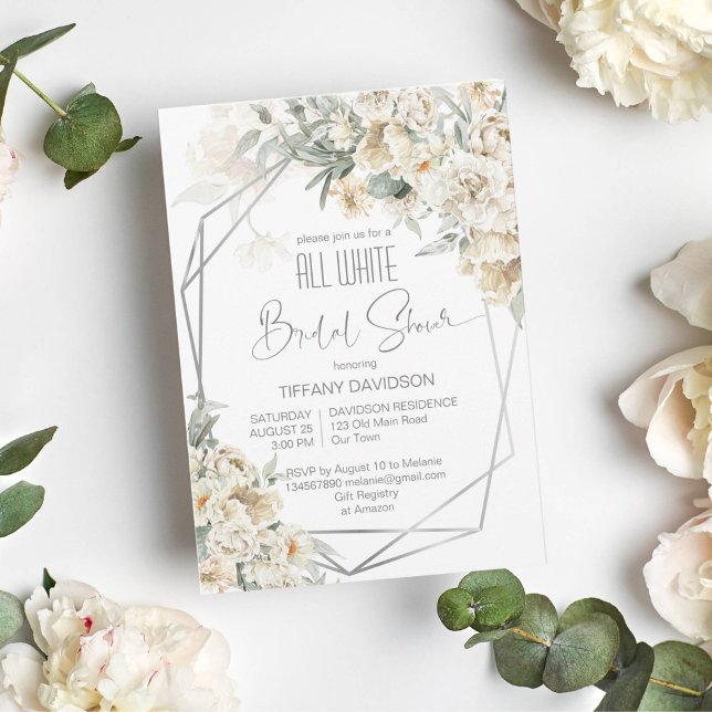 All white bridal shower silver frame floral invitation (All white bridal shower invitation white flowers white sage silver geometrical frame white themed)