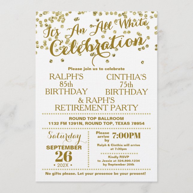 All White Celebration Faux Gold Invitation (Front)