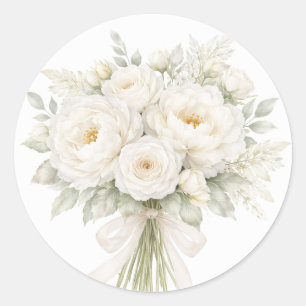All White Floral Wedding Classic Round Sticker