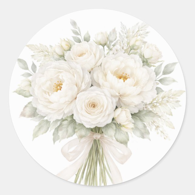 All White Floral Wedding Classic Round Sticker (Front)