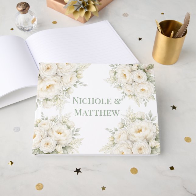 All White Floral Wedding Guest Book (Front Open)